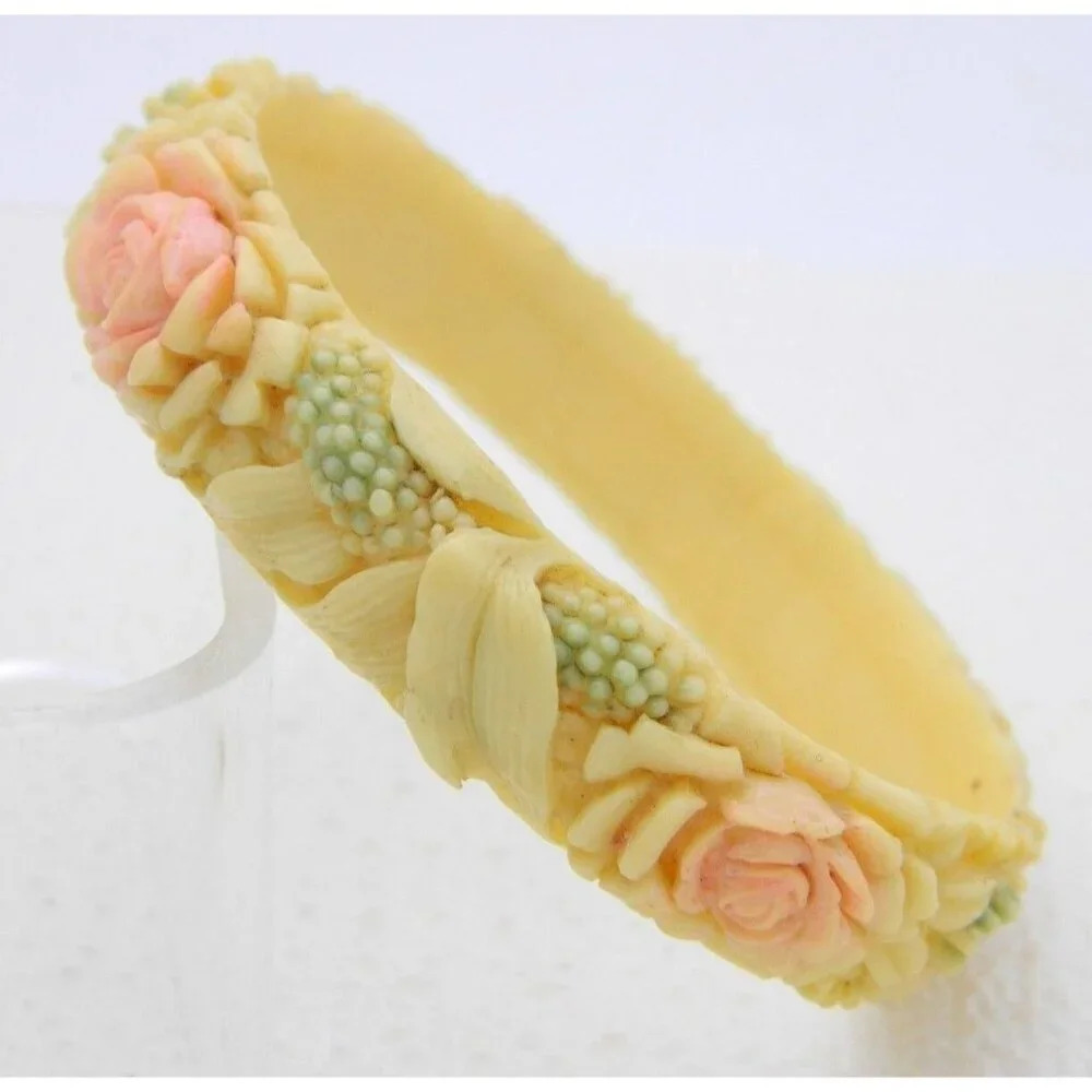 Carved Celluloid Rose Daisy Pastel Floral Flower Pattern Bangle Bracelet